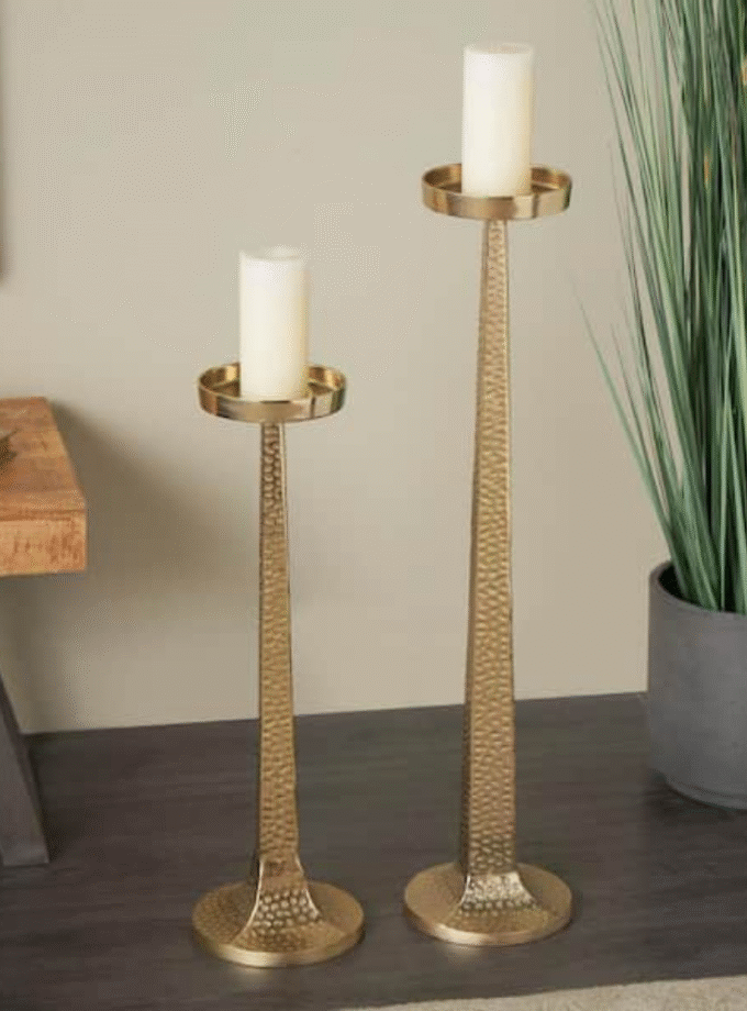 Gold Aluminum Metal Tall Hammered Candle Holder (Set of 2)