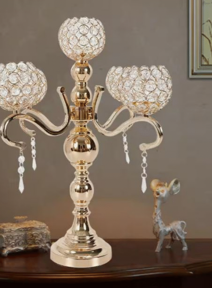 21.65 in. Tall Gold 5 Arms Candle Holder Modern Crystal Candelabra with Hanging Crystal Drops for Wedding Table Decor